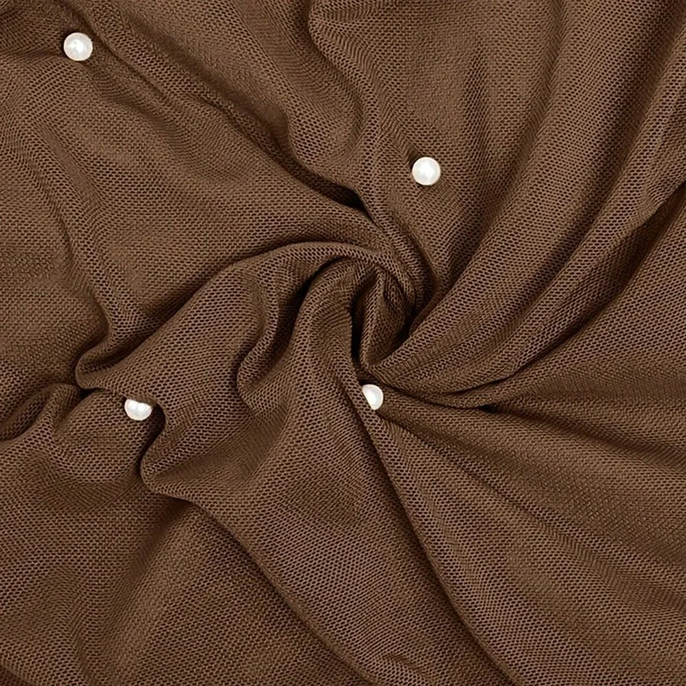 Coffee Brown Elegant Women's Off-Shoulder Pearl Decor Ruffle Maxi Dress - Picture 9 of 10